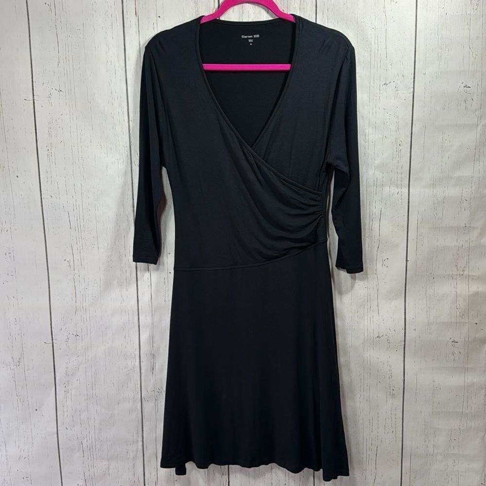 Garnet Hill Black Faux Wrap Dress Quiet Luxury Classic Minimalist 3/4 Sleeve